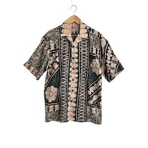Vintage 80s Hilo Hattie Barkcloth Hawaiian Shirt Large Green Cream Black Aloha